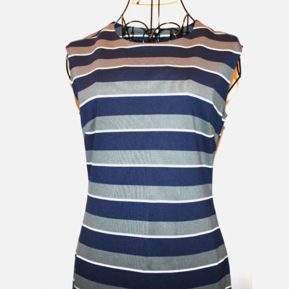 Striped Sleeveless Sheath Dress Dark Blue Grey 2 Back Zip Banana Republic NWT